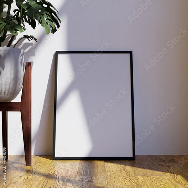 Obraz simple minimalist frame mockup poster on the floor leaning on the white wall with plant and pot as decoration