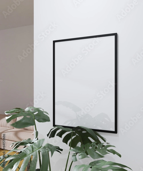 Obraz simple frame mockup poster hanging on the white wall from side view with plant decoration