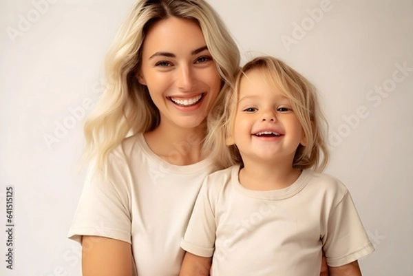 Fototapeta 笑顔のママと子供　白背景　with generative ai