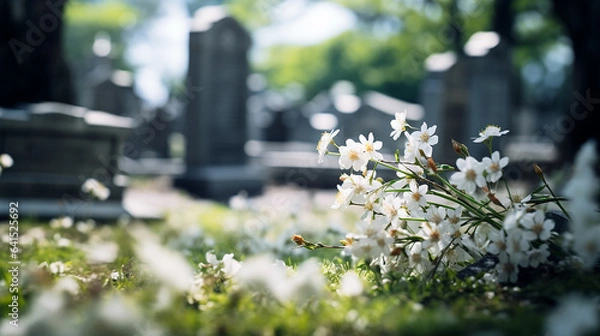 Obraz Tomb adorned with white flowers on All Souls' Day. Tombstone decorated with white flower in the cemetery.