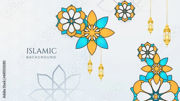 Obraz Yellow, blue and white modern islamic background with mandala pattern and lamp