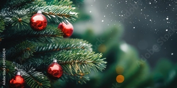 Fototapeta Merry Christmas and Happy New Year. Festive bright beautiful background. Decorated Christmas tree on blurred background. de-focused lights, gold bokeh