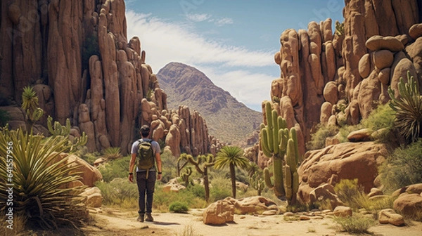 Fototapeta Serenity in Shadows: A Hiker's Restful Pause in the Shade Amidst Nature's Intrigue