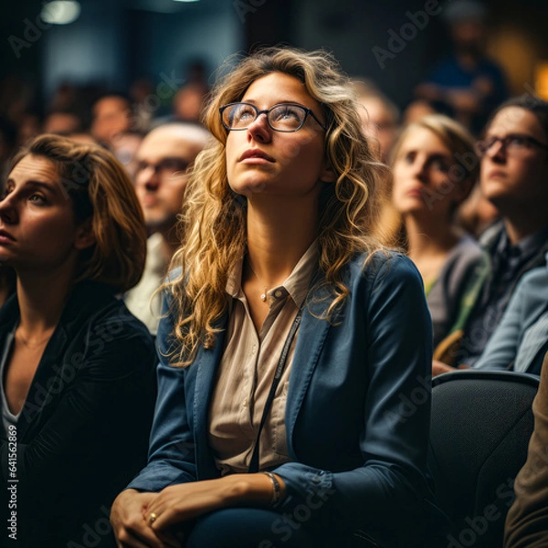 Obraz a woman wearing square rimmed glasses sitting with group of people listening to a presentation