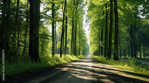 Fototapeta Single lane rural gravel road through the tall green linden trees. Sunlight flowing through the tree trunks. Fairy forest scene. Art, hope, heaven, wilderness, loneliness, pure nature concepts