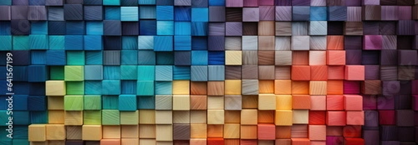 Obraz Colorful wooden blocks aligned. Wide format. Hand edited generative AI.
