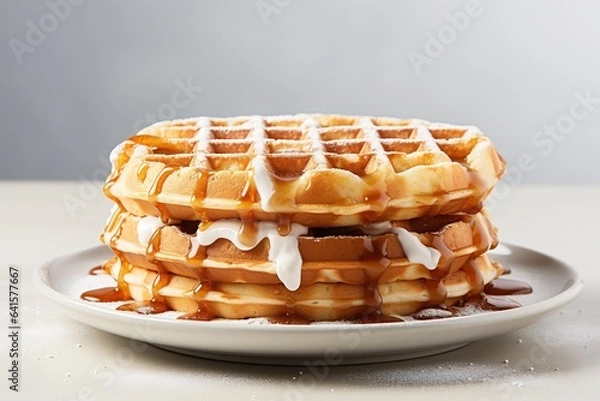 Fototapeta Fresh tasty Viennese waffles with syrup on a plate, close-up, minimalism