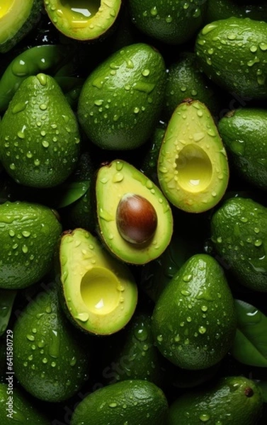Fototapeta From above, a top view of a fresh avocado with delicate water droplets, the dark background enhancing its visual impact.