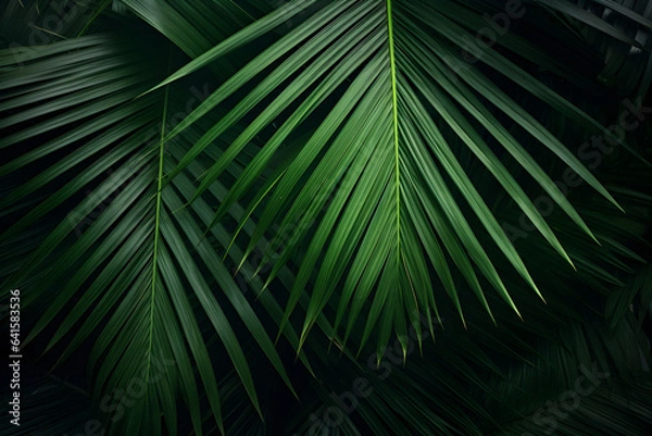 Obraz close-up of beautiful palm leaves in a wild tropical palm garden, dark green palm leaf texture concept full framed
