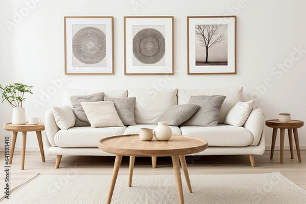 Fototapeta Round wooden coffee table near white sofa against of white wall with three art frames. Scandinavian style