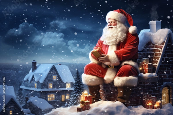 Obraz Santa Claus sitting outside, on a snowy night, smiling. Generative Ai