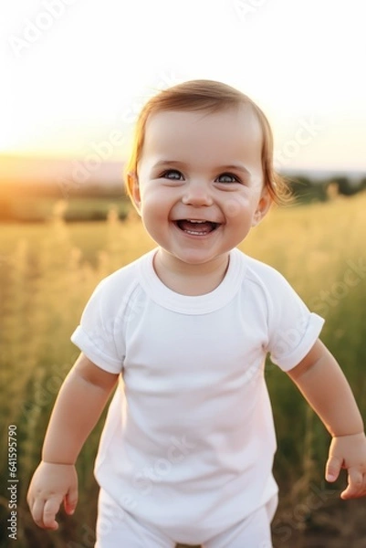 Obraz Caucasian white baby boy in pure white onesies, mockup of a toddler apparel in the field, lifestyle emotions. Place for text, kids clothes.