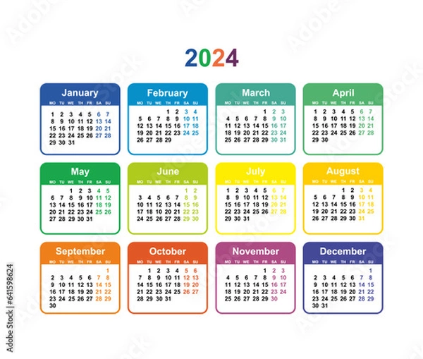 Fototapeta Calendar grid 2024 colorful vector Simple layout of pocket or wall calendar