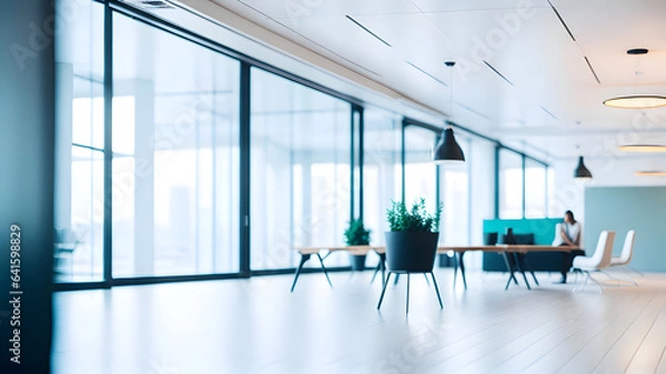 Fototapeta  blurred background of a light modern office interior and panoramic windows