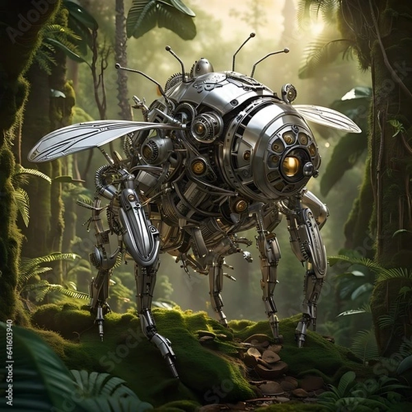 Fototapeta photo of a futuristic bee robot in jungle with metallic body generated by AI