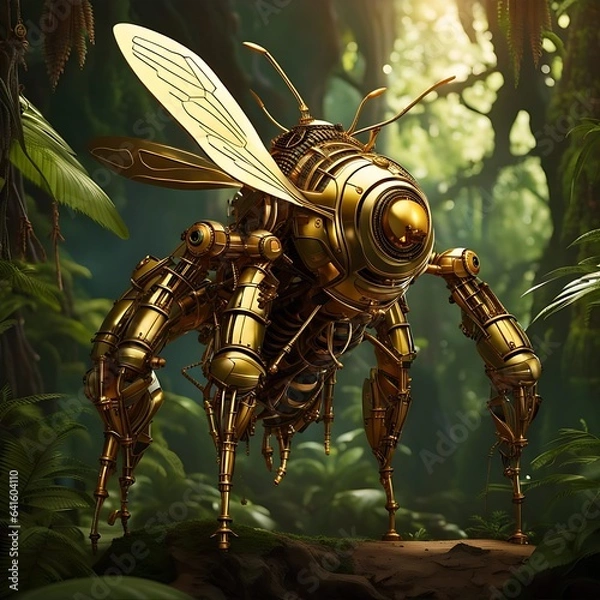 Fototapeta photo of a futuristic bee robot in jungle with metallic body generated by AI