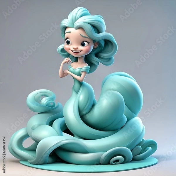 Obraz photo of a beautiful cartoon princess with blue long hair isolated on light, Generative AI