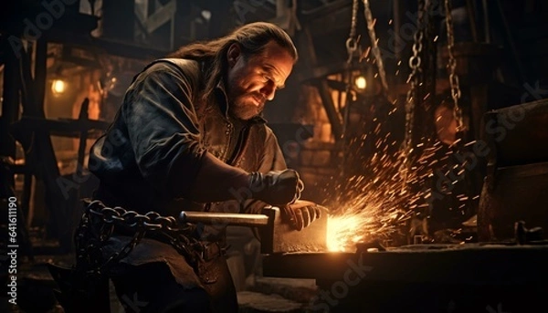 Fototapeta A man shaping metal with tools in a workshop