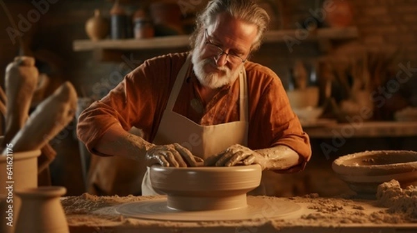 Fototapeta A potter at work on a pottery wheel in a bustling pottery shop