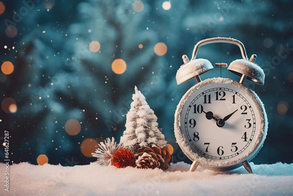 Fototapeta Retro alarm clock in snow with Christmas tree and cones on bokeh background