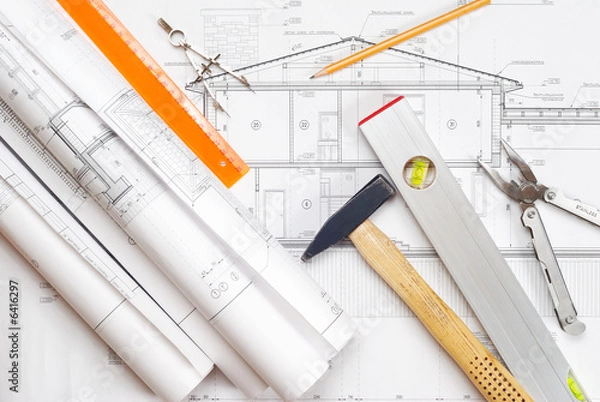 Obraz Tools over house plan blueprints
