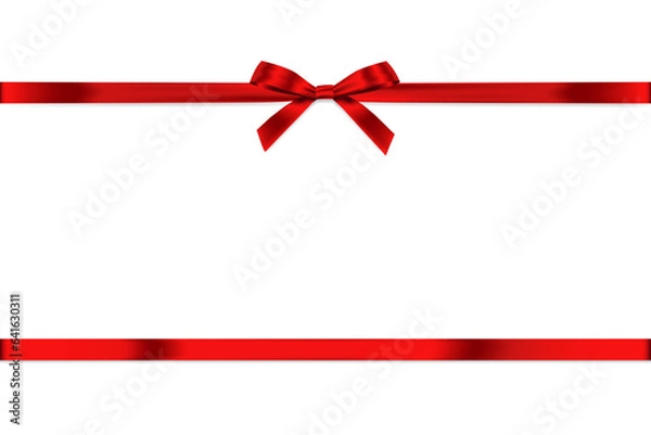 Fototapeta Red Ribbon Bow Realistic shiny satin with shadow horizontal ribbon for decorate your wedding invitation card,certificate,coupon or gift boxes vector EPS10 with copy space isolated on white background