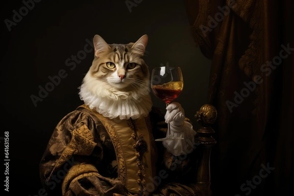 Obraz A funny portrait of a cat with wine as a historical royal portrait. Pets drinking alcohol wine. Funny weird-core aesthetics