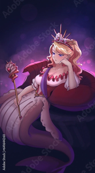 Fototapeta Tarot card design. Mermaid theme anime illustration. Blonde princess. Hand drawn illustration