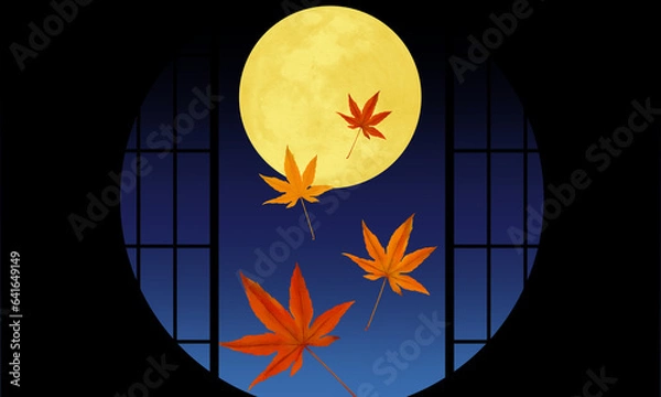 Obraz 満月と紅葉の和風背景素材