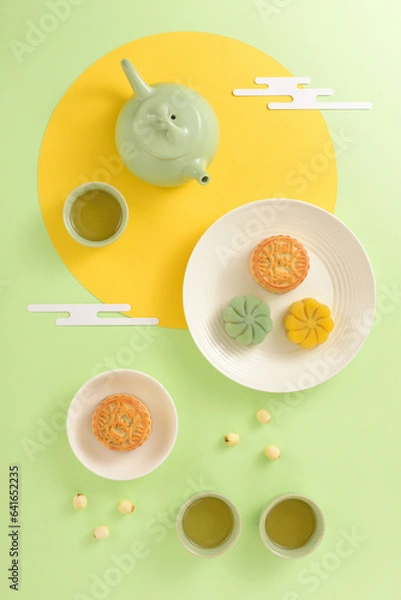 Obraz Background of Chinese Traditional Festival Mid-Autumn Festival.The Chinese meaning on the mooncake in the picture is: black sesame.