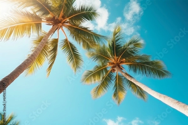 Fototapeta Summer holidays travel concept. Palm trees against blue sky