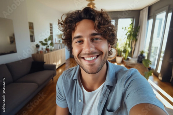 Fototapeta Selfie picture of a happy young handsome millennial man smiling at the camera in the living room in a modern home