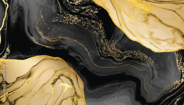 Fototapeta Abstract black and gold ink vector art background for cover design, card, flyer, poster and design Hand drawn vector. Fluid art Monochrome watercolour backdrop Black stone Marble.