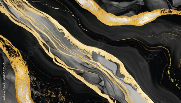 Fototapeta Abstract black and gold ink vector art background for cover design, card, flyer, poster and design Hand drawn vector. Fluid art Monochrome watercolour backdrop Black stone Marble