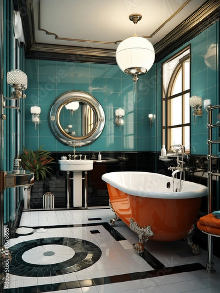 Fototapeta a bathroom in a art deco style apartment, created with Generative AI technology