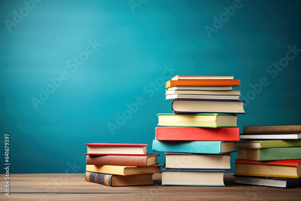 Fototapeta A colorful stack of textbooks on a desk background with empty space for text representing back-to-school themes 