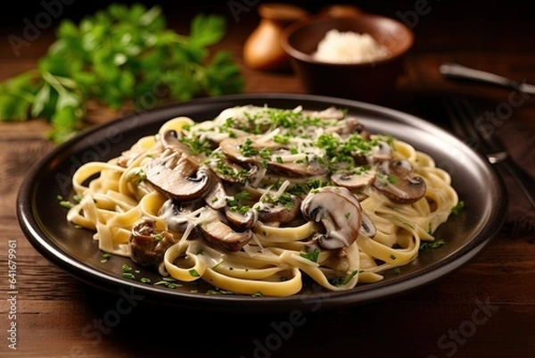 Fototapeta spaghetti, tagliatelle with mushrooms - pasta ai funghi - pasta menu - italian dinner - mediteranien cuisine - generative ai 