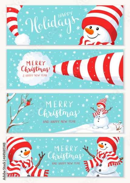 Fototapeta Winter holidays or Christmas background with snowman and snowflakes. Winter horizontal banner design collection.