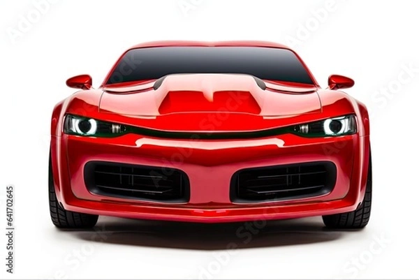Fototapeta Sport Car Front View. Accelerating Red American Auto, with Detailed Design and Elite Beauty, Isolated on White Background