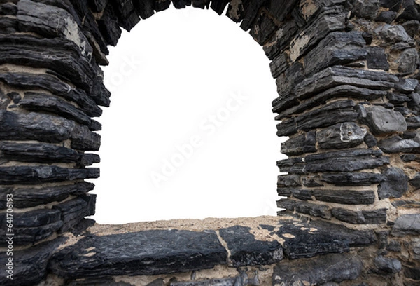 Obraz Closeup of a defocussed window with stone wall and arch, isolated on white or transparent background for inserting your own landscape or panorama. Porto Venere, La Spezia, Liguria, Italy, Europe. Png.