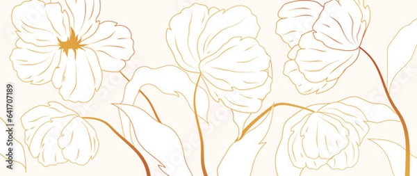 Fototapeta Abstract floral art vector background. Golden flowers and herbs in botanical style on a beige background. Luxury botanical cover design, vector art for wallpaper or wall decoration. hand drawing