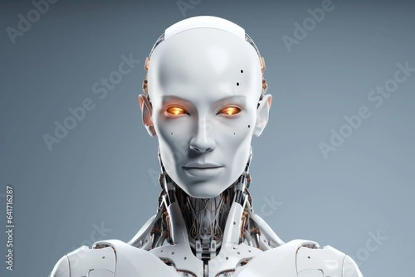 Fototapeta Portrait of a white anthropomorphic robot woman on a gray background, close-up. AI concept.