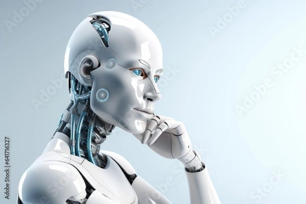 Fototapeta Portrait of a pensive anthropomorphic robot on white background. AI technology concept.