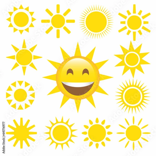 Obraz Happy yellow sun emoji with smiled face and sunglasses, hot summer season vector illustration set of sun face, smile expression emotion