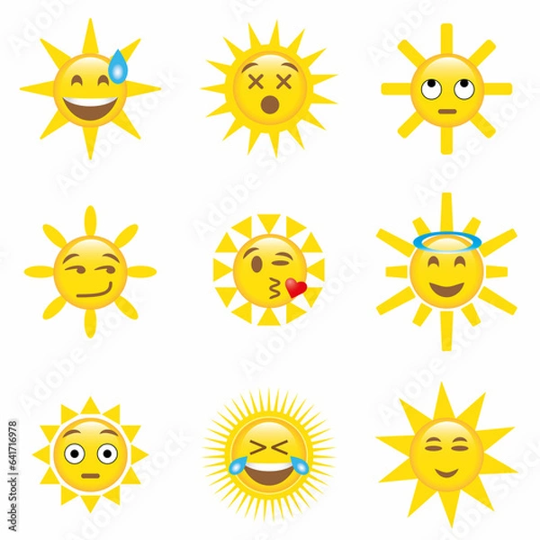 Obraz Happy yellow sun emoji with smiled face and sunglasses, hot summer season vector illustration set of sun face, smile expression emotion