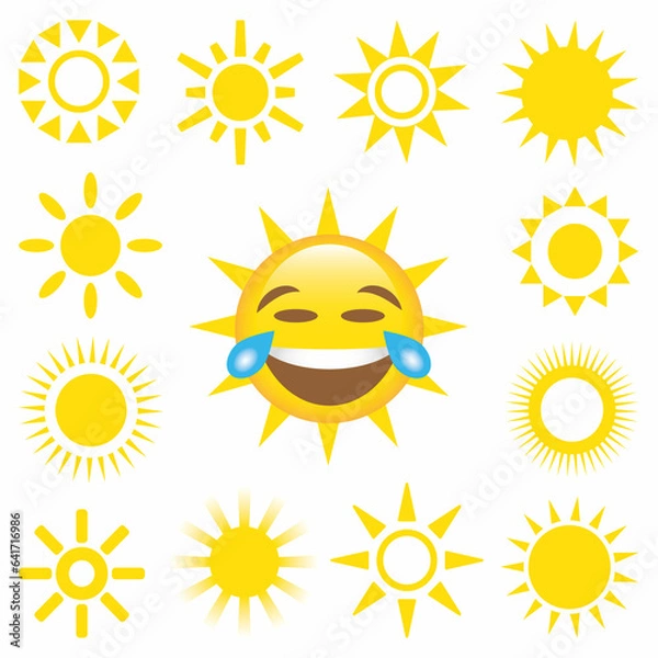 Obraz Happy yellow sun emoji with smiled face and sunglasses, hot summer season vector illustration set of sun face, smile expression emotion