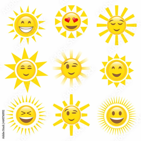 Obraz Happy yellow sun emoji with smiled face and sunglasses, hot summer season vector illustration set of sun face, smile expression emotion