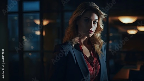 Fototapeta Artful capture of a model, shadowed in a dimly lit corporate setting, expressing feelings of trepidation