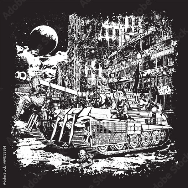 Fototapeta Post-apocalyptic tank with stalkers rides through the ruins of the city killing zombies