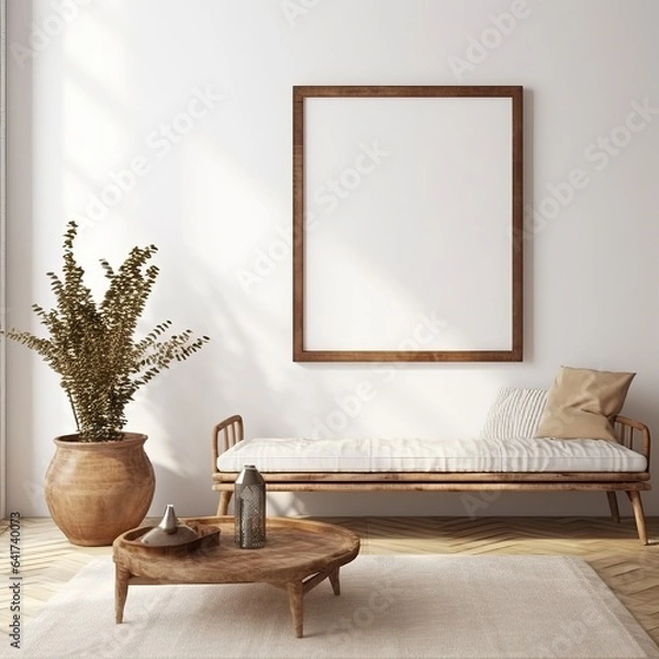 Fototapeta Mockup frame in farmhouse living room interior, 3d render, Generative AI